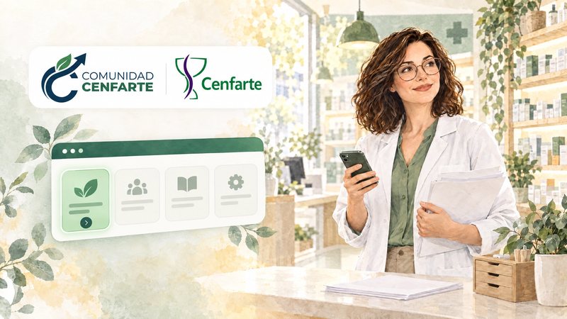 Una farmacéutica consulta la app de la Comunidad Cenfarte en el móvil, con los papeles de su farmacia en la otra mano